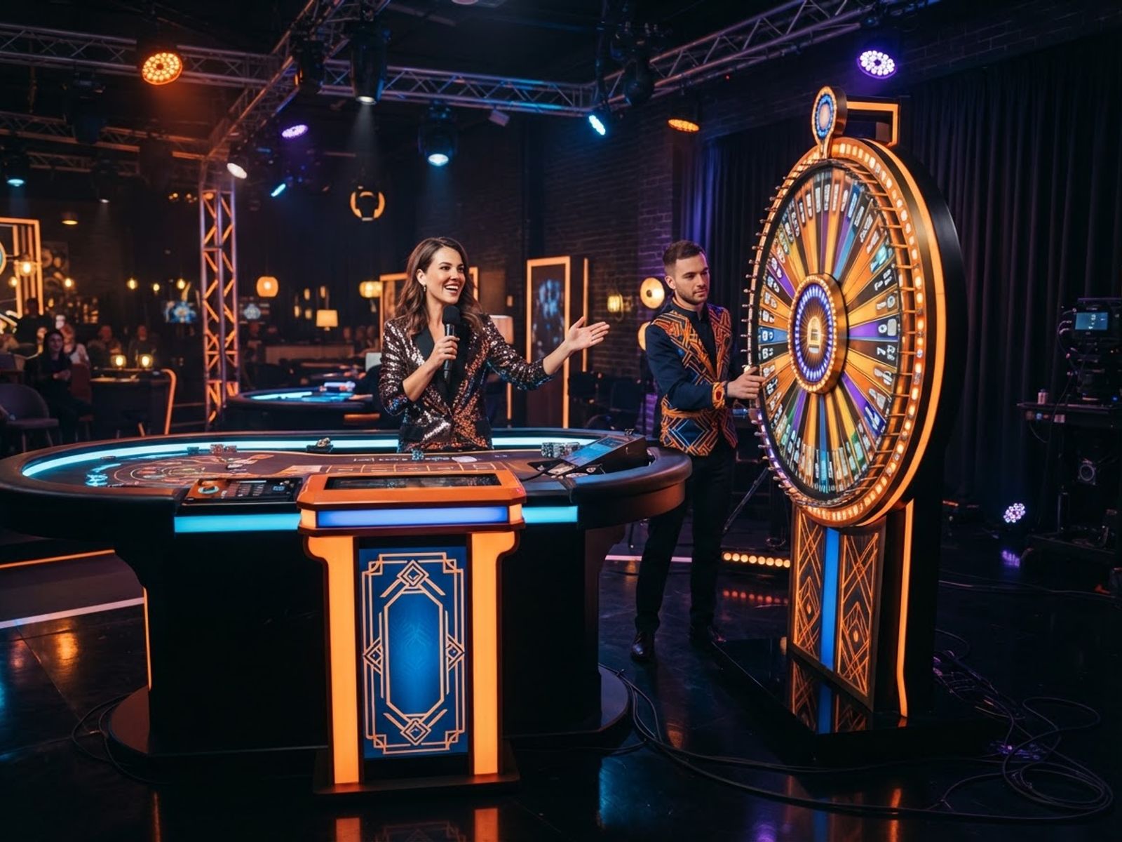 Élő játék show asztal stúdióban narancs fényekkel