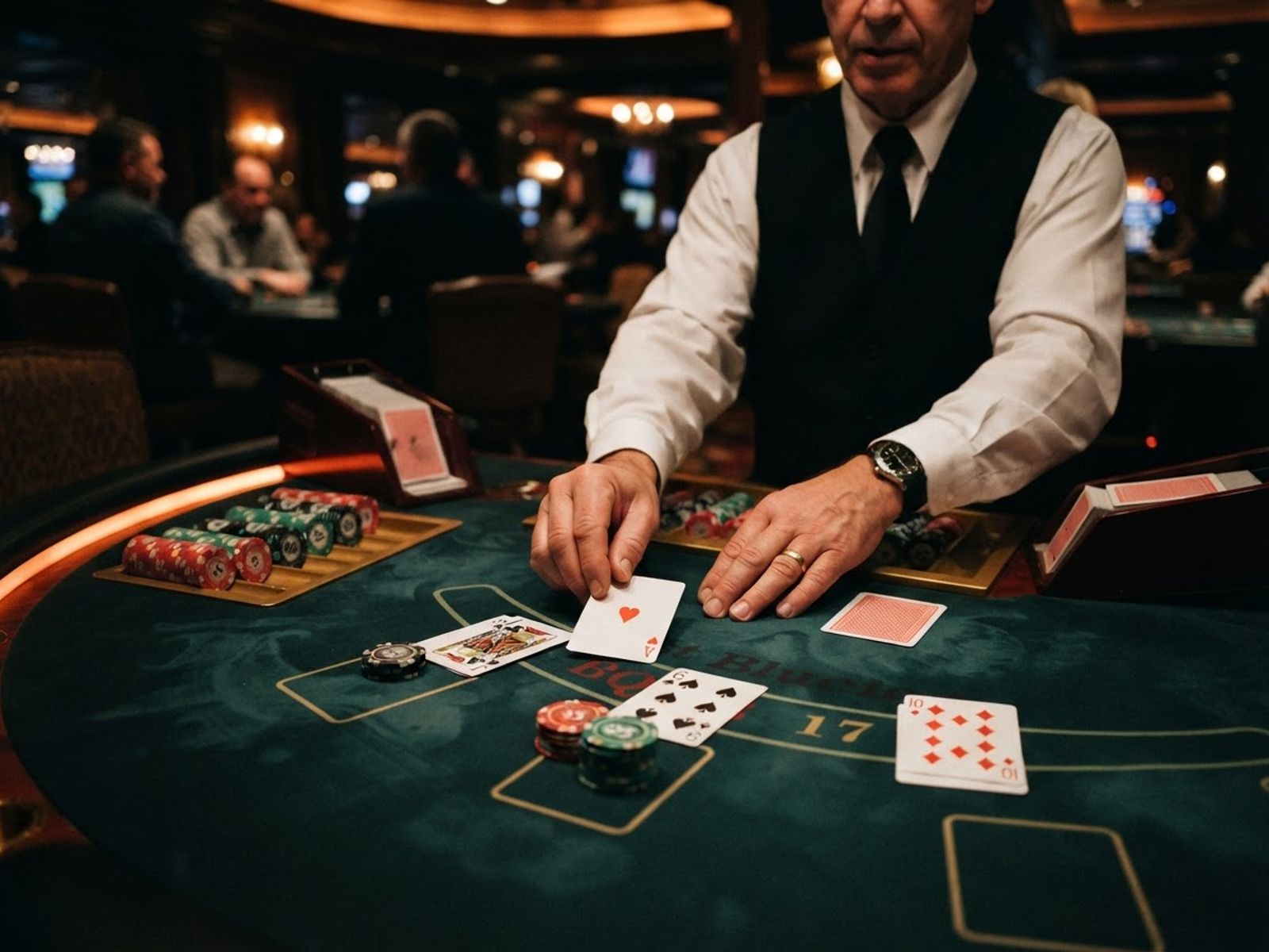 Élő blackjack asztal zöld posztóval és osztóval