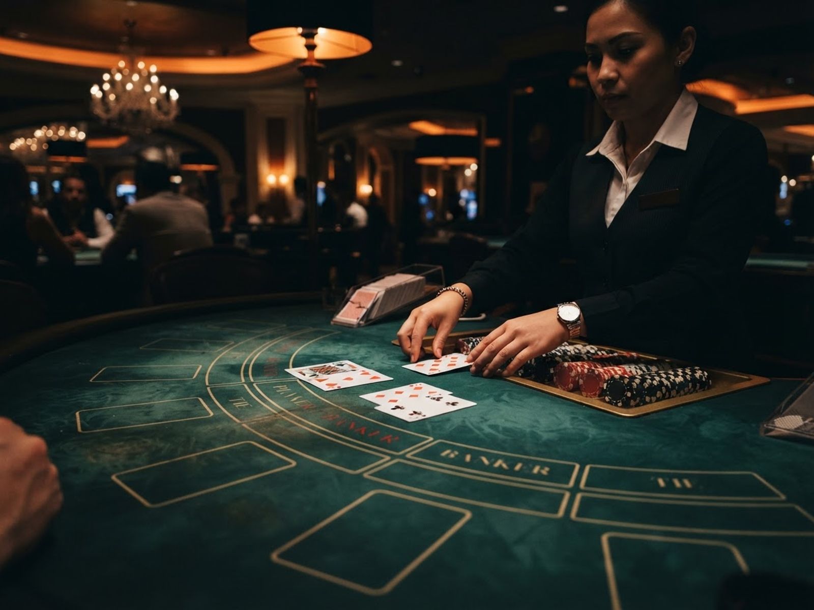 Élő baccarat asztal kártyákkal zöld posztón